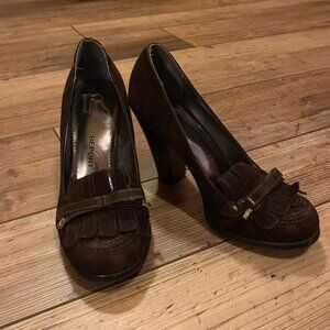 REPORT 'Dalia' Women's 7 Brown Suede Leather High Heel Apron Toe Bow Shoes EUC